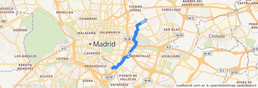 Mapa del recorrido Bus 113: Ciudad Lineal → Méndez Álvaro de la línea  en Madrid.