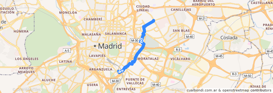 Mapa del recorrido Bus 113: Méndez Álvaro → Ciudad Lineal de la línea  en Madrid.