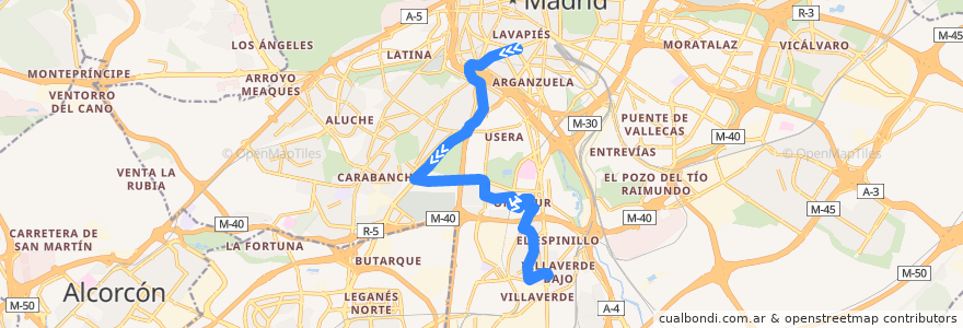 Mapa del recorrido Bus 116: Embajadores → Villaverde Cruce de la línea  en Мадрид.