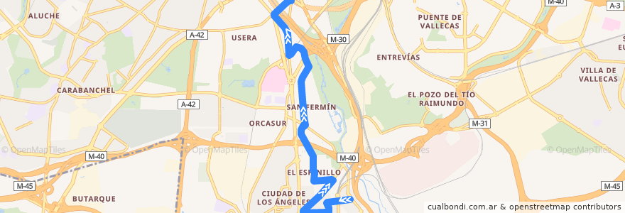 Mapa del recorrido Bus 123: Villaverde Bajo → Legazpi de la línea  en Madrid.