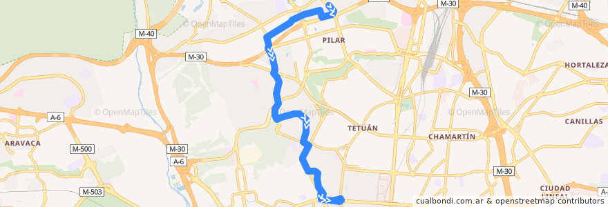 Mapa del recorrido Bus 127: C. Periodistas → Cuatro Caminos de la línea  en Madrid.