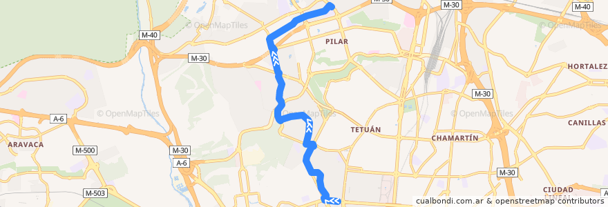 Mapa del recorrido Bus 127: Cuatro Caminos → C. Periodistas de la línea  en Madrid.