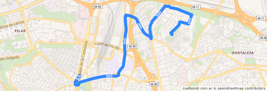 Mapa del recorrido Bus 129: Plaza Castilla → Manoteras de la línea  en Madrid.