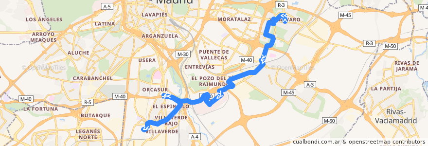 Mapa del recorrido Bus 130: Vicálvaro → Villaverde Alto de la línea  en Madrid.