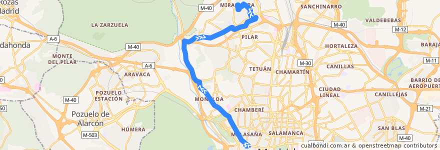 Mapa del recorrido Bus 133: Callao → Mirasierra de la línea  en Madrid.