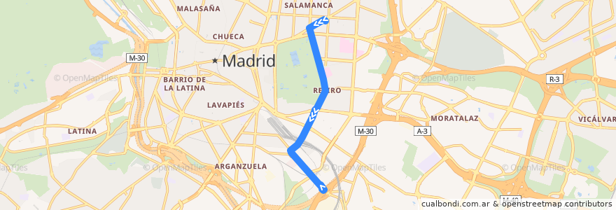 Mapa del recorrido Bus 152: Felipe II → Méndez Álvaro de la línea  en Madrid.