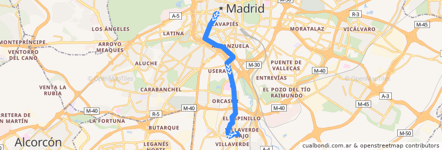 Mapa del recorrido Bus 18: Plaza Mayor → Villaverde Cruce de la línea  en Madrid.