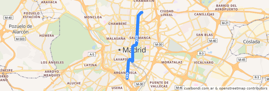 Mapa del recorrido Bus 19: Legazpi → Plaza Cataluña de la línea  en Madrid.