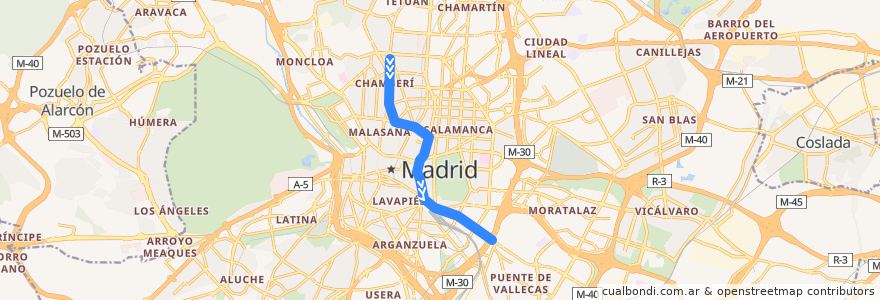 Mapa del recorrido Bus 37: Cuatro Caminos → Puente Vallecas de la línea  en Madrid.