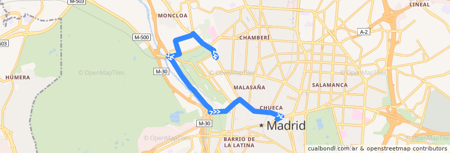 Mapa del recorrido Bus 46: Moncloa → Sevilla de la línea  en Madrid.