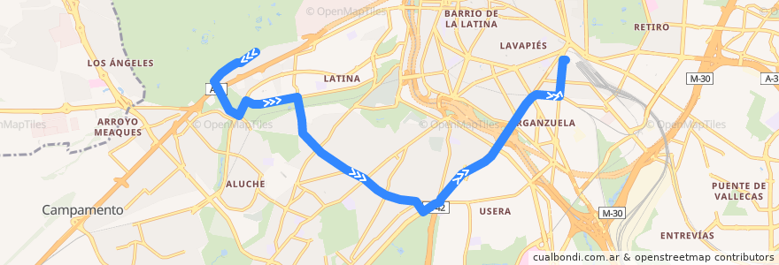 Mapa del recorrido Bus 55: Batan → Atocha de la línea  en Madrid.