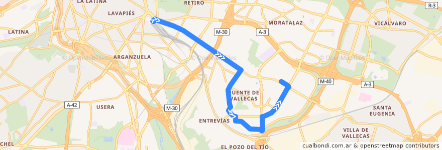 Mapa del recorrido Bus 57: Atocha → Alto del Arenal de la línea  en Madrid.