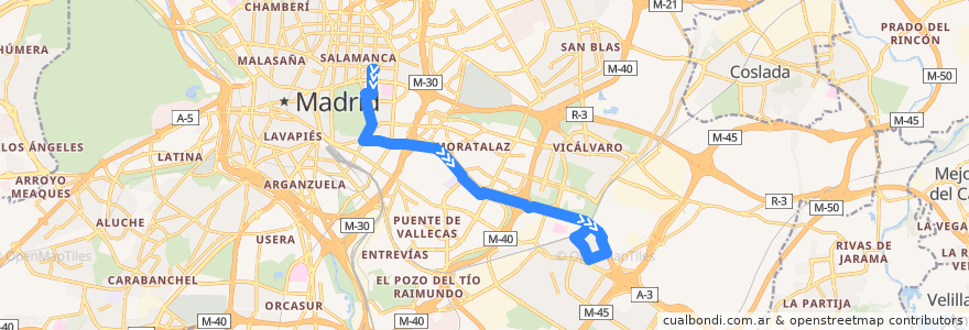 Mapa del recorrido Bus 63: Felipe II → Santa Eugenia de la línea  en Madrid.