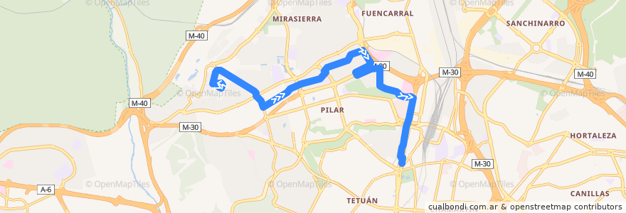 Mapa del recorrido Bus 67: Bº Peñagrande → Plaza Castilla de la línea  en Madrid.