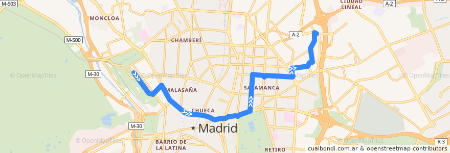 Mapa del recorrido Bus 74: Pintor Rosales → Parque Avenidas de la línea  en Madrid.