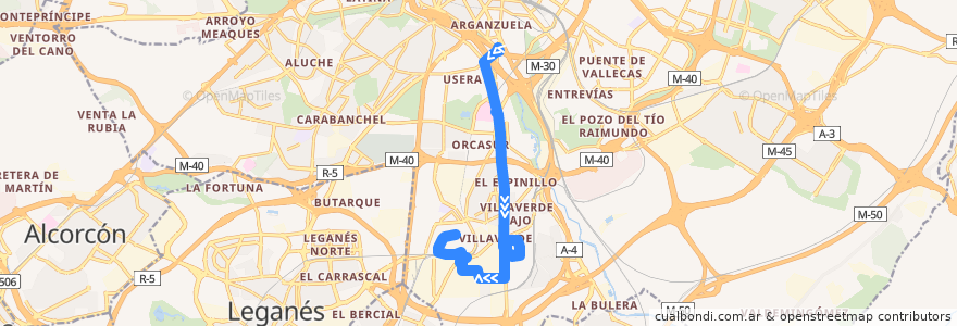 Mapa del recorrido Bus 79: Legazpi → Villaverde Alto de la línea  en Madrid.