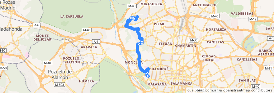 Mapa del recorrido Bus 82: Moncloa → Barrio Peñagrande de la línea  en Madrid.