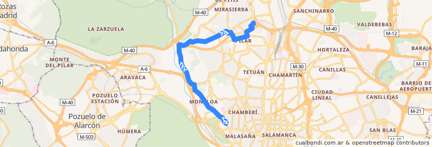 Mapa del recorrido Bus 83: Moncloa → Barrio Del Pilar de la línea  en Madrid.