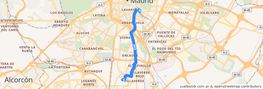 Mapa del recorrido Bus 86: Atocha → Villaverde Alto de la línea  en 馬德里.