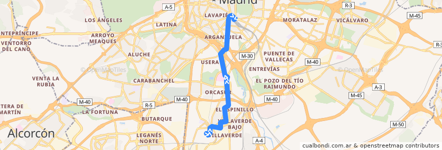 Mapa del recorrido Bus 86: Villaverde Alto → Atocha de la línea  en Madrid.