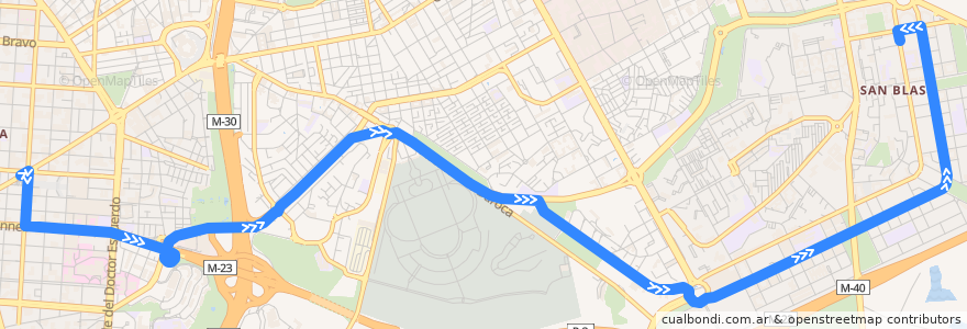 Mapa del recorrido Bus E2: Felipe II → Las Rosas de la línea  en Madrid.