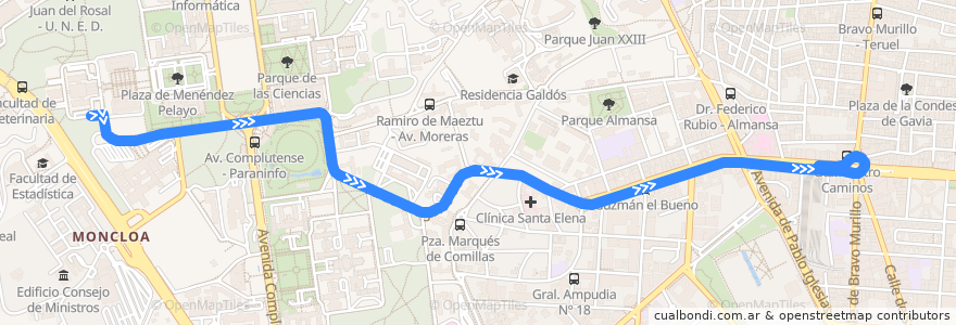 Mapa del recorrido Bus F: C. Universitaria → Cuatro Caminos de la línea  en Madrid.