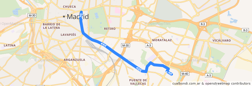 Mapa del recorrido Bus N10: Palomeras → Cibeles de la línea  en Madrid.