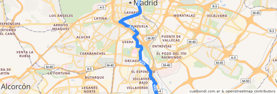 Mapa del recorrido Bus N12: Cibeles → Los Rosales de la línea  en Madrid.