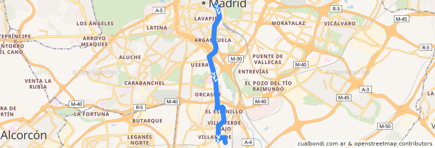 Mapa del recorrido Bus N13: Cibeles → San Cristobal de la línea  en Madrid.