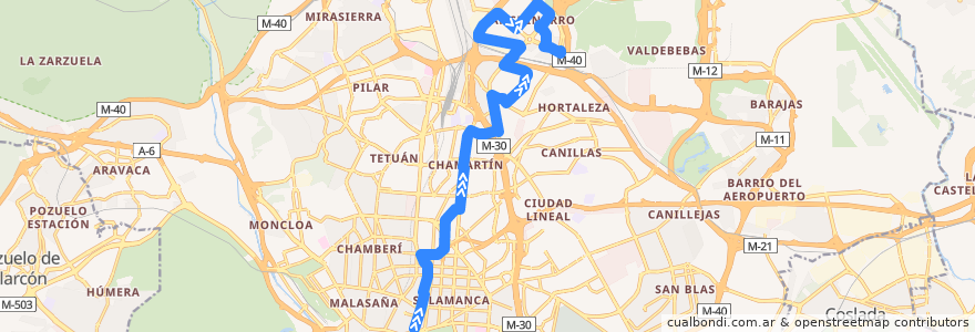 Mapa del recorrido Bus N1: Cibeles → Sanchinarro de la línea  en Madrid.