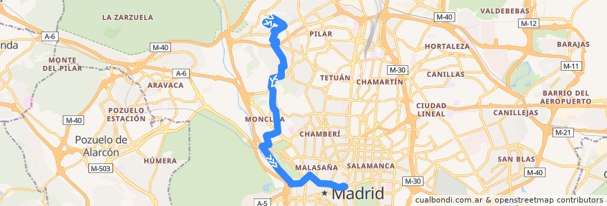 Mapa del recorrido Bus N20: Barrio Peñagrande → Cibeles de la línea  en Madrid.