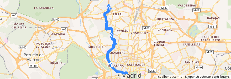 Mapa del recorrido Bus N21: Arroyo Fresno → Cibeles de la línea  en 마드리드.