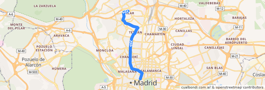 Mapa del recorrido Bus N22: Barrio Del Pilar → Cibeles de la línea  en Madrid.