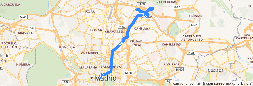 Mapa del recorrido Bus N2: Cibeles → Hortaleza de la línea  en Madrid.