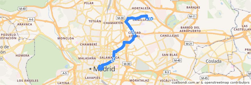 Mapa del recorrido Bus N3: Canillas → Cibeles de la línea  en Madrid.