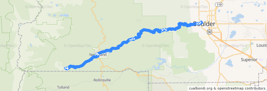 Mapa del recorrido RTD Route N: Nederland / Boulder de la línea  en Boulder County.