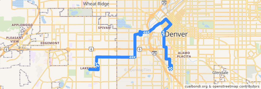 Mapa del recorrido Bus 1: 1st Avenue → Lakewood Commons de la línea  en Colorado.