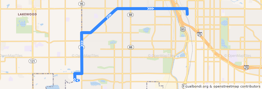 Mapa del recorrido Bus 4: Morrison Road → Alameda Station de la línea  en Denver.
