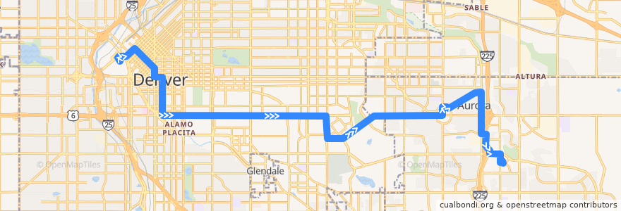 Mapa del recorrido Bus 6: East 6th Avenue → Aurora Metro Center Station de la línea  en Colorado.