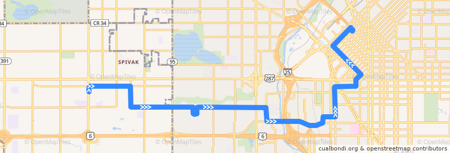 Mapa del recorrido Bus 9: West 10th Avenue → Larimer & 20th de la línea  en 콜로라도.