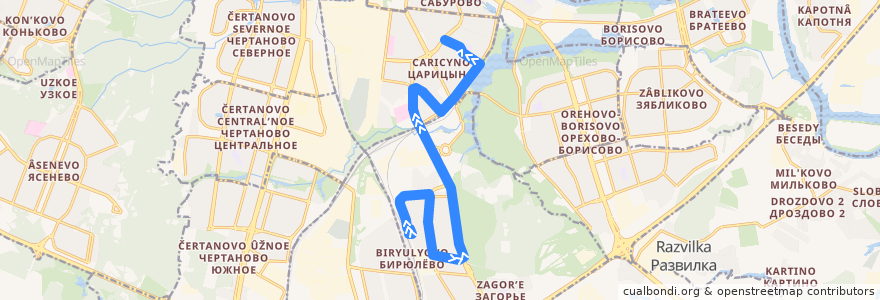 Mapa del recorrido Автобус 245: Станция Бирюлёво-Товарная => Кинотеатр "Эльбрус" de la línea  en Южный административный округ.