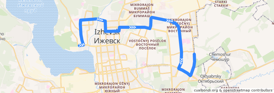 Mapa del recorrido Автобус 18: Парк имени Кирова - 8-й микрорайон de la línea  en городской округ Ижевск.