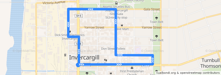 Mapa del recorrido Freebie de la línea  en Invercargill City.