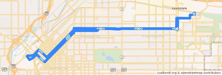 Mapa del recorrido RTD Route 43: Martin Luther King Boulevard de la línea  en Denver.