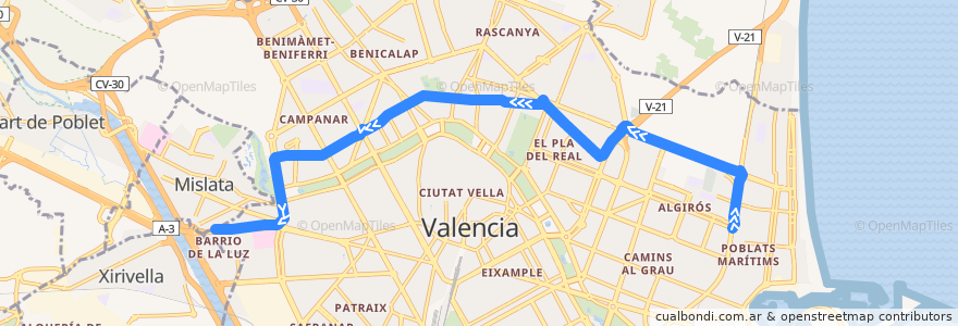 Mapa del recorrido Bus 98: Estació del Cabanyal => Av. del Cid de la línea  en Comarca de Valencia.