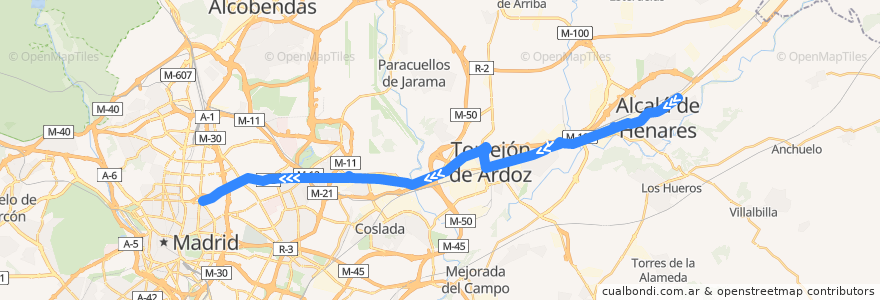 Mapa del recorrido Bus N202: Alcalá de Henares → Torrejón de Ardoz → Madrid (Avenida de América) de la línea  en Comunidad de Madrid.