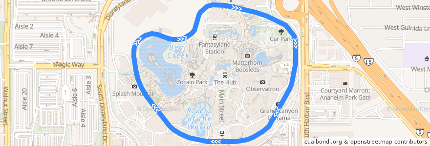 Mapa del recorrido Disneyland Railroad de la línea  en Anaheim.