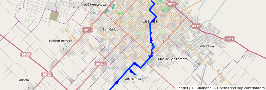 Mapa del recorrido 18 de la línea 506 en Partido de La Plata.