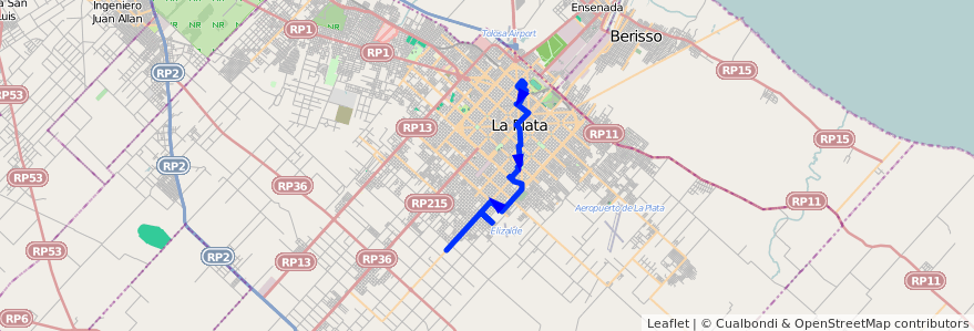 Mapa del recorrido 18 de la línea Sur en Partido de La Plata.