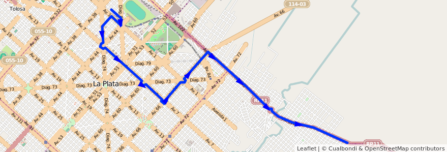 Mapa del recorrido 18 de la línea Este en Partido de La Plata.